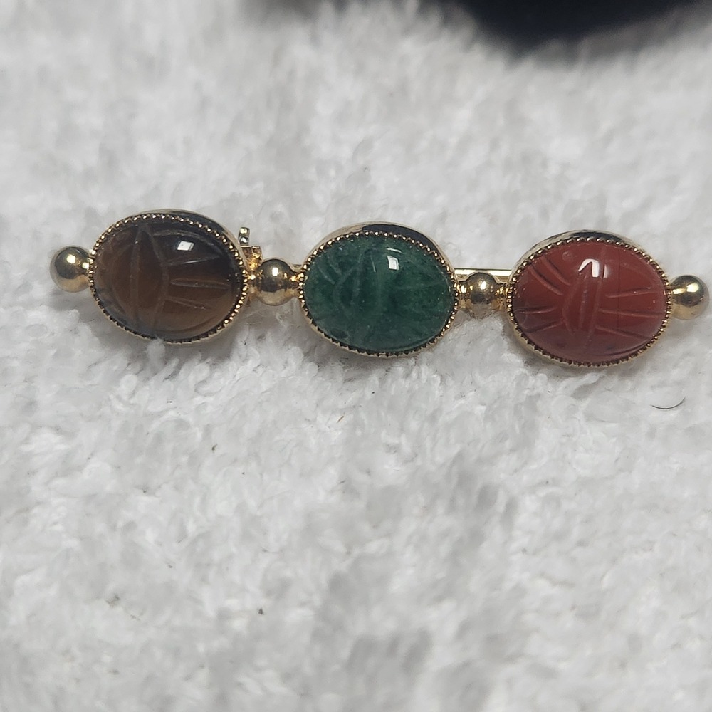 Vintage Gold Tone 3 Stone Scarab Bar Brooch Multi Color Egyptian Revival Pin - Picture 4 of 7
